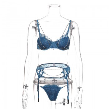 GACVGA 2019 Crystal Chain Sexy Bodysuit Women 3 Piece Set Embroidery Hollow Out Lace Bodysuit Jumpsuit Blue